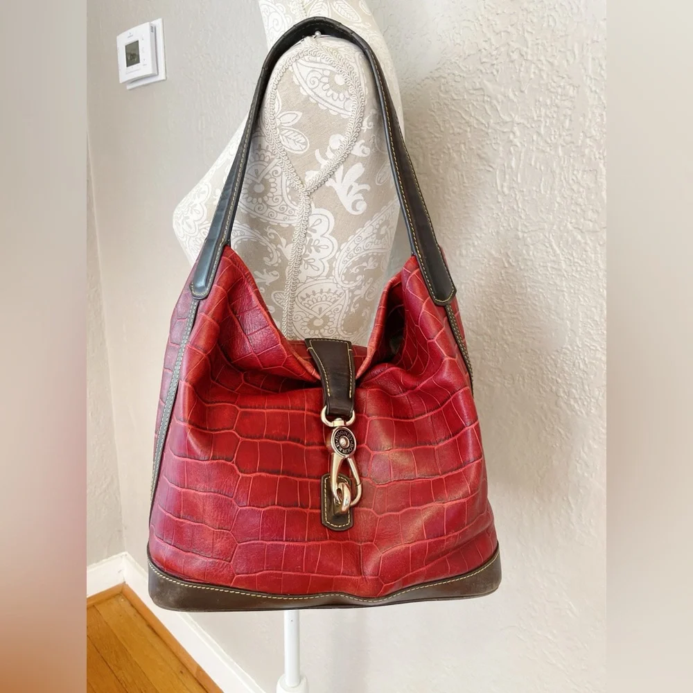 Dooney & Bourke Red Croc-Embossed Leather Hobo with Brown Trim